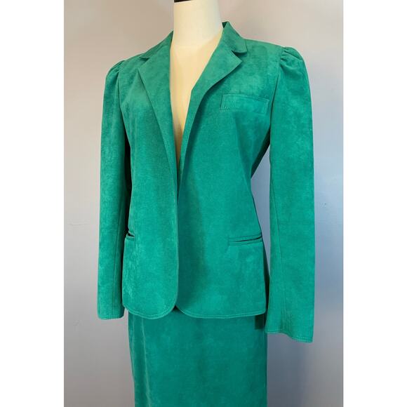 Vtg 1980s Jewel Tone Green Ultra Suede Skirt Set Suit Adolph Schuman Lilli Ann - Picture 2 of 10